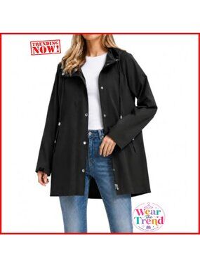 Long Packable Waterproof Hooded Rain Jacket Trench Coat